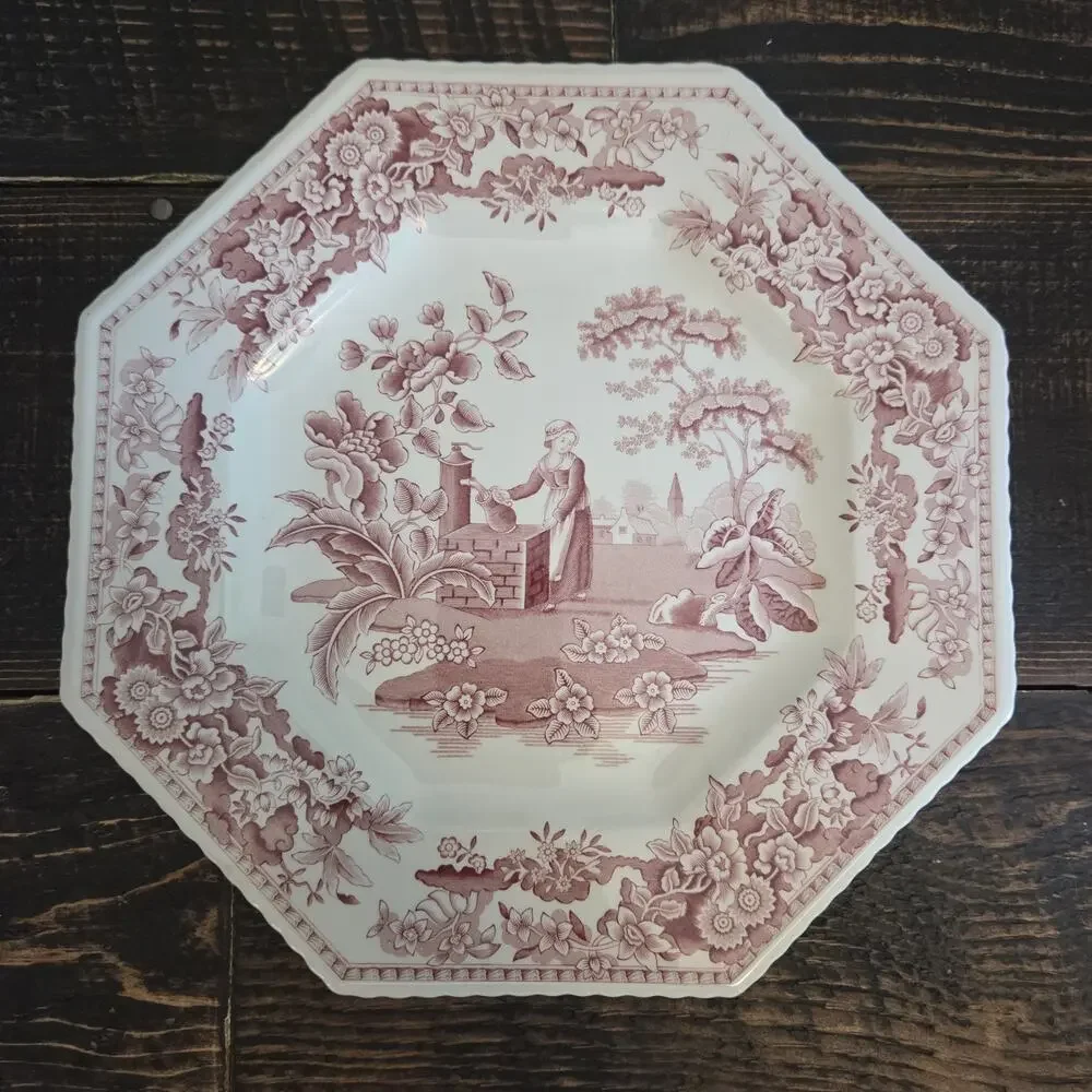 Spode Archive Sutherland Collection Girl at Well Octagonal Red Dinner Plate 9.5